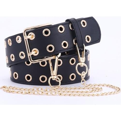 2021 New Womens Belt Punk Double Gold Pin Buckle Belt Grommet Rivets Waist Belt PU Leather Cinturon Chain Waistband Jeans Belt