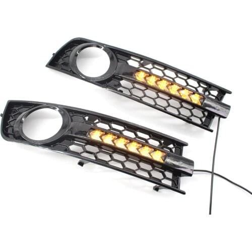 Honeycomb Front Lower Grille Grill w/ DRL Daytime Running Light & Flowing LED Light For Audi A4 B6 2001-2005