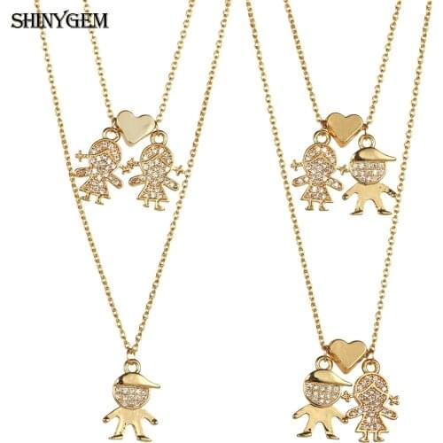 ShinyGem Lover Couples Sweet Boy Girl Love Heart Necklaces Vintage Gold Plating Double Layer Long Chain Necklaces For Women Men