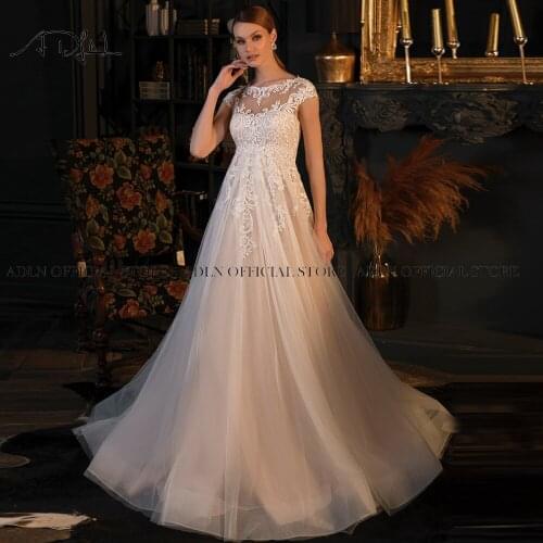 ADLN Jewel Cap Sleeves Empire Waist Wedding Gowns Tulle Sweep Train A-line Bridal Gown Appliqued Robe de Mairee