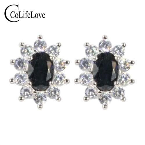 CoLife Jewelry 100% Natural Black Sapphire Stud Earrings 4*6mm Black Sapphire Silver Earrings 925 Silver Sapphire Jewelry