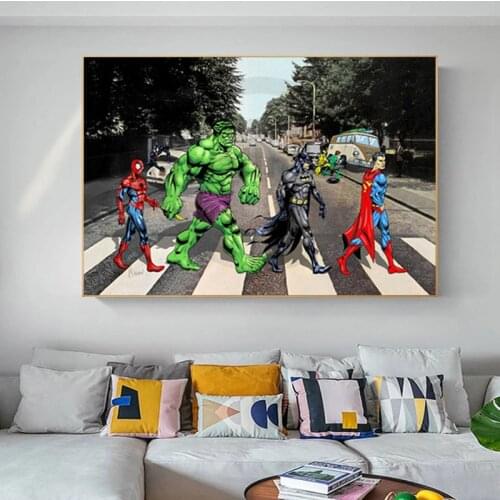 Funny Marvel Superheroes on the Road Hulk Spiderman Canvas Painting Poster Prints for Living Room Wall Decorative Gift