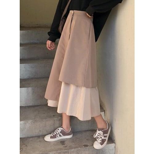 2021 Half-length Skirt Female Spring and Autumn A-line High Waist Design Niche Long Skirt Irregular Long Skirt Stitching Color