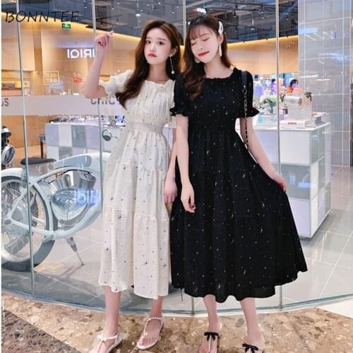 Dresses Women Print Slash Neck Korean Style Trendy Popular Elegant Slim Ulzzang Vestido Feminino College Holiday Leisure Summer