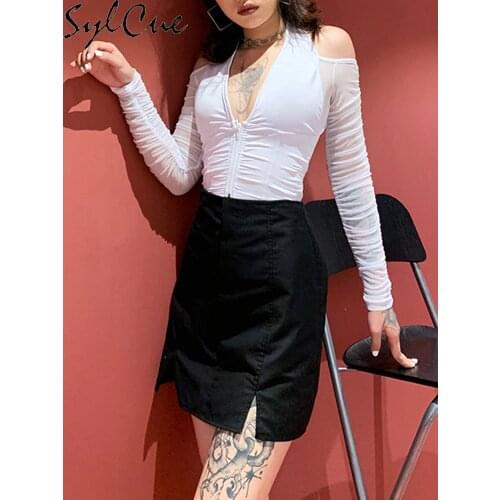 Sylcue Elegant Sexy V-neck Mesh Tops Summer Womens See through Off Strapless Sleeve Crop Top 2021 Club Party Slim Tee shirts
