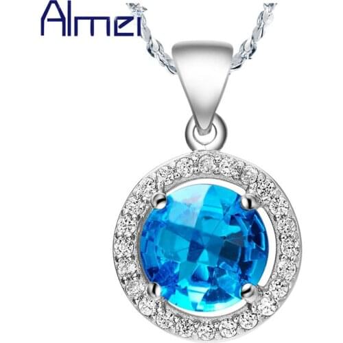 Almei Blue Cubic Zircon Necklace for Women Lady Silver Jewelry Fashion Crystal Pendant Stones Necklaces Collier Femme N409
