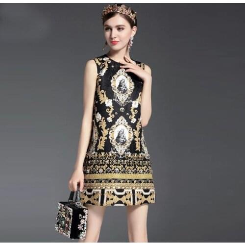 Summer Designer Dress Womens Hight Quality Sleeveless Vintage Baroque Gold Printed Embossed Beading Diamond Dress