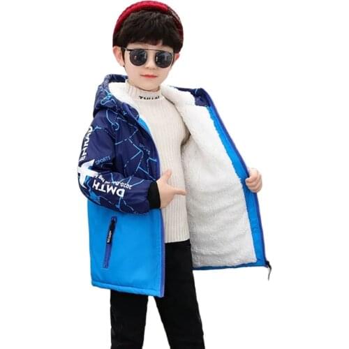 Winter Polyester Jacket For Boy New Korean Version Keep Warm Thicken Plus Velvet Hooded Parka Coat Casual Childrens Clothing