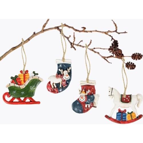 1/2pcs New Year Natural Wood Resin Christmas Tree Ornament DIY Wooden Hangin Pendant Snow Elk Star Horse Xmas Home Decor Navidad