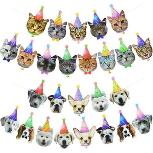 1 Set Cartoon Cat Dog Head Design Banner Flag Pet Theme Party Decoration Animal Face Paper Garland Kids Birthday Party Decor