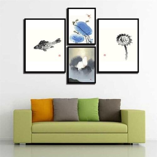 Frameless Abstract Ink Mountain Plant Flower Animal Fish Butterfly Canvas Painting Wall Picture Poster Living Room Decoration
