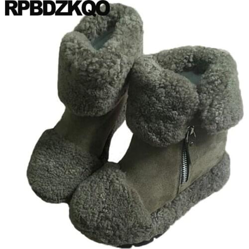 Sheepskin shoes high heel quality beige wedge furry chinese booties green extreme winter snow boots women ankle real fur fetish