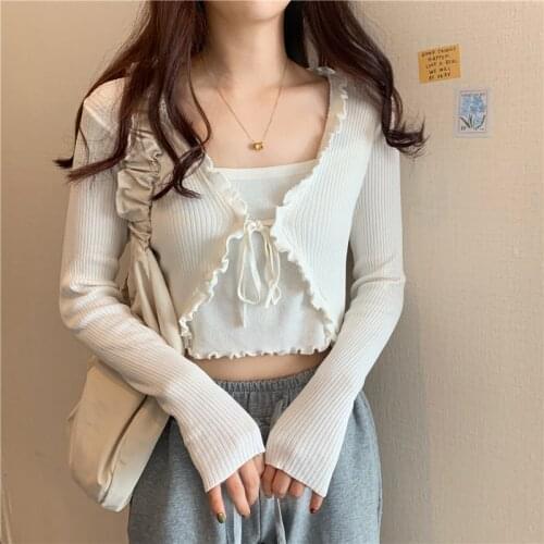 Womens Cardigan One Pieces Sets Knitted Sweater 2021 Korean Clothing Lace Up Cardigans Thin Slim Crop Tops Pullover