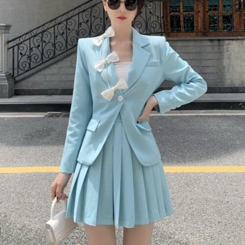 Korean Fashion Casual Two Piece Set Women Bow Blazer Coat + Pleated Skirts Sets Streetwear 2 Piece Skirt Suits Ensemble Femme