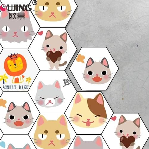 Cartoon Cute Animal Cats Hexagon Tile Floor Wall Sticker Childrens Room Kindergarten Bathroom Non-slip Mat PVC Tile Art Mural