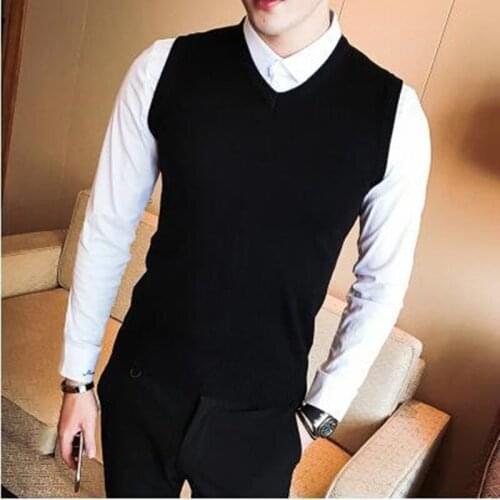 Mens Cotton Vest Pullover Autumn Spring Warm V-Neck Sleeveless Solid Slim Fit Fashion Clothes Knitted Casual Wool Male Sweaters
