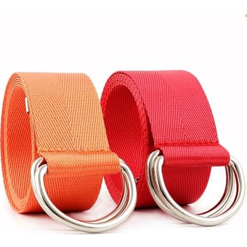 1 pcs Trend Unisex Nylon Canvas Fabric Belt Strap Double D Ring Buckle Waist Band Solid Color Long Cloth Dress Knitted Waistband