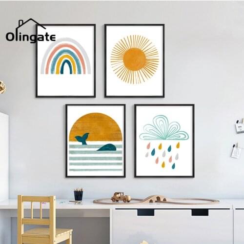 Nordic Kids Cartoon Brush Sun Painting Baby Nursery Wall Poster Prints One Piece Canvas Art Home Decor for Children Bedroom