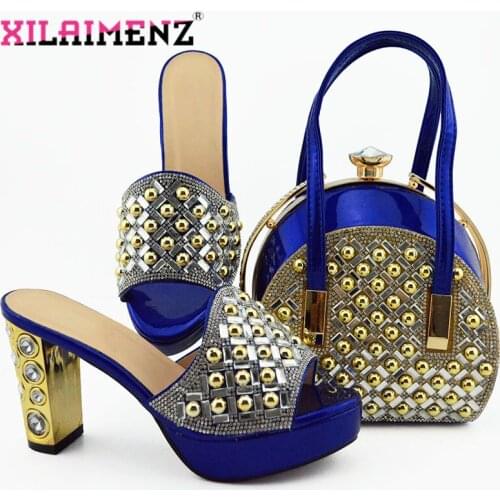 2019 Latest Royal Blue Slippers and Bag Set Italian Shoes with Matching Bags High Quality Women Shoe and Bag ladies Wedding