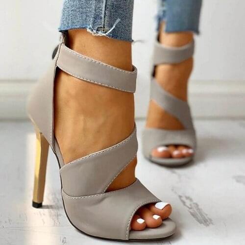 New Womens Shoes 2021 European and American Fine-heeled High-heeled Fish Mouth Zipper Fashion Sandals Roman Sandals Sandals