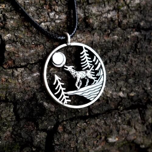 SanLan animal charm wolf necklace under the sun pine tree mountain jewelry