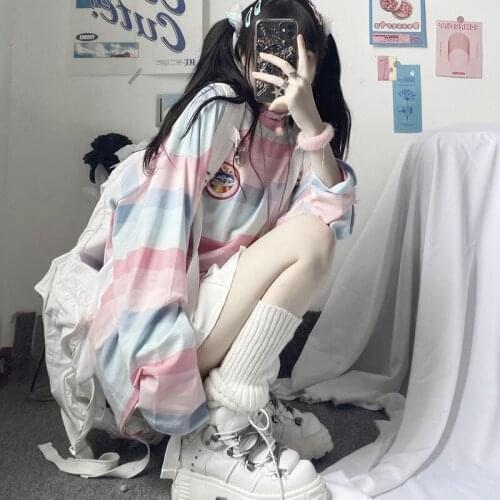 Rainbow stripe long sleeve T shirt female students Korean version of the fashion brand loose thin coat girls coat