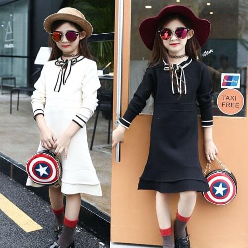 Girls Sweater Dress Kids Knitted Dress 2019 Winter New Big Girls Long Sweater Dress Children Clothes Pullover Black White Dress