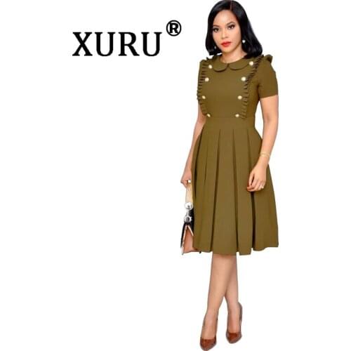 XURU New Womens Dress Lotus Leaf Collar Short Sleeve Dress Pleated Red Black Blue Army Green Dress