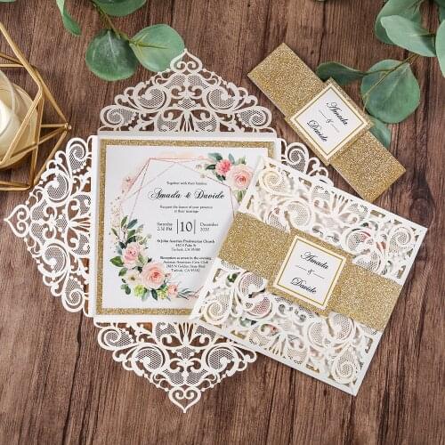50 piece Gold Laser Cut Wedding Invitations with Gold Glitter Border and Envelope CW2519