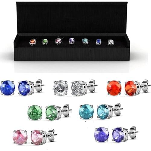 COCOM 7 Pairs Simple Round Stud Earrings Different Colors Austrian Crystals Piercing Unisex Weekly Accessories with Gift Box