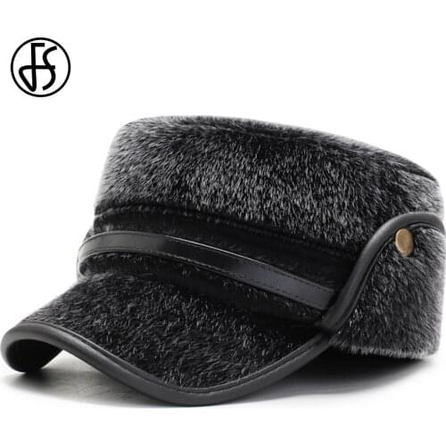 FS Flat Top Mink Hair Baseball Cap Ear Protection Winter Bomber Hats For Men Women Plush Russian Hat Warm Windproof Snow Caps