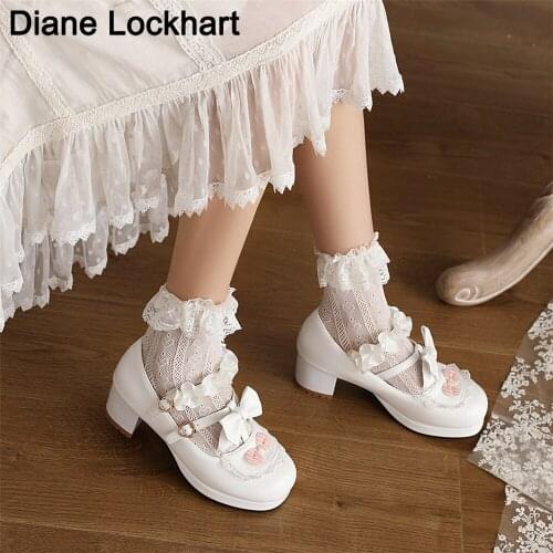 Small Size 31-32 Lolita Girls Mary Janes Shoes Bowknot Princess Ruffles Japan Sweet Bride Wedding Party Dress Pumps Cosplay Pink