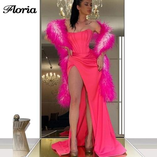 Robe De Soiree Feathers Evening Dresses Abendkleider Prom Dress Rose Mermaid 2020 Saudi Arabic Formal Party Gowns Dubai Long