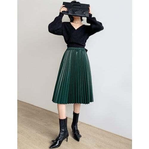 Genuine Sheepskin Leather Skirts 2021 Long Skirt Woman Vintage Skirt Female High Wasist Skirt Pleated Skirt Vrouw Rokken Zjt2175