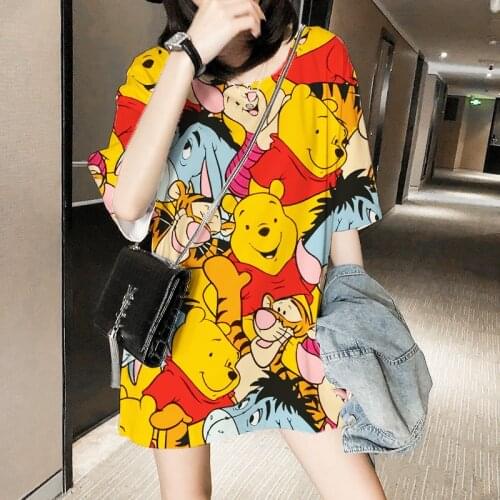 3D Disney Womens T-shirts Pooh Bear Ulzzang Fashion Winnie Oversized Cartoon White Kawaii Tops Crop Teens For Girls Family Look