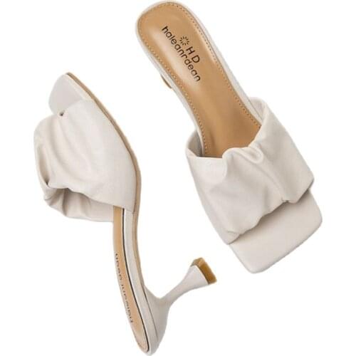 2021 Women Slippers Pleated Summer Light Sexy Open Toe Solid Color Sandals Stiletto Heels Women Luxury Prom Woman Black Shoes