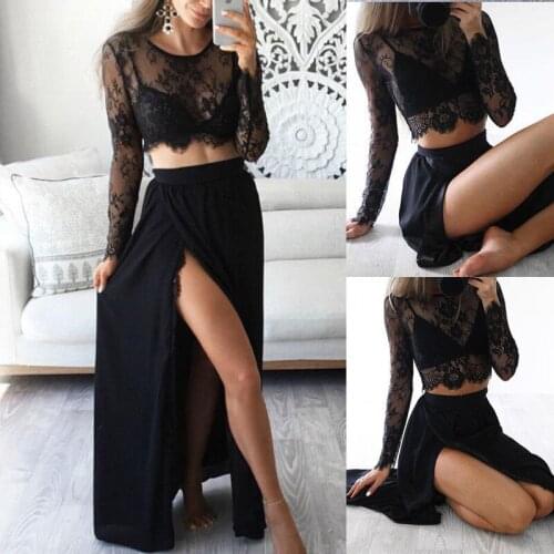 2 Pcs Sexy Summer Beach Women Evening Party Sets Transparent Lace Hollow Long Sleeve Crop Tops Black Long Maxi Split Skirts