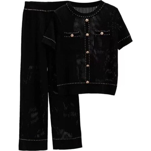 YUZACDWX 2021 New Summer 2 piece set Women Fashion Button Pullover+casual Trousers Knit Two-piece Sets Womens