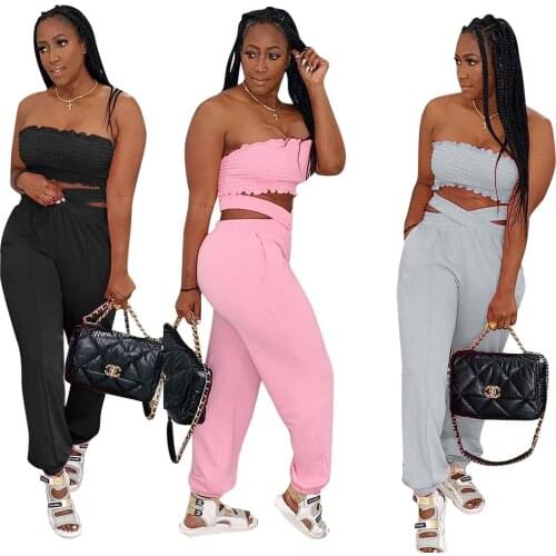 Adogirl Womens Casual Two Piece Set Women Solid Color Stretch Slash Neck Crop Top + Pants High Street Wear Clothing Outfits
