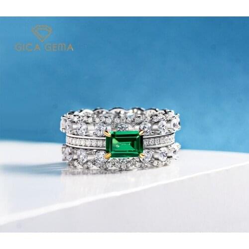 GICA 100% 925 Sterling Silver Sparkling Full High Carbon Diamond Emerald Finger Rings For Women Wedding Party Fine Jewelry Gift
