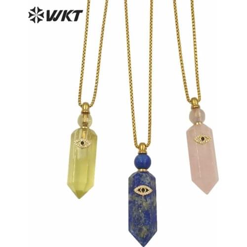 WT-n1248 Wholesale natural spirit point stone perfume bottle necklace with eye charm women hexagonal cube stone bottle necklace