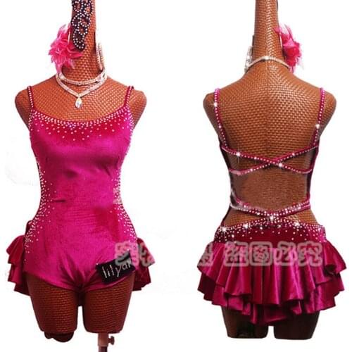 Latin Dance Dress Female Dance Costume Salsa Pink Fushia Dress Velvet Leotard Performance Clothing Sexy Competition Wear 3356