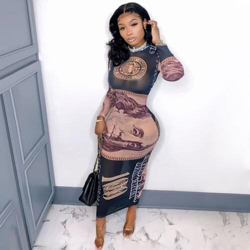 Sylph Bodycon Dresses For Women Party Night Sexy Printing Dollars Vestidos Autumn And Winter Fashion Long Sleeve Dress