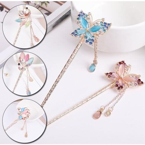 1PC Women Hairpin Rhinestone Tassel Hair Styling Tools Sticks Butterfly Peacock Vintage Charming Hair Ornaments Accessories