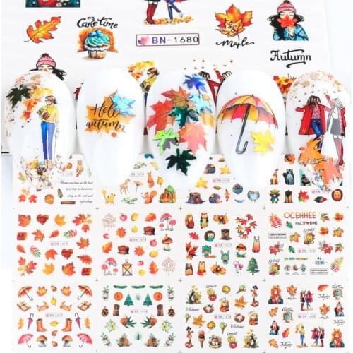 12 Designs Stickers for Nails Autumn Anime New Year Series Water Transfer Sticker Nail Art Decor Polish Decals LANB1669-1680