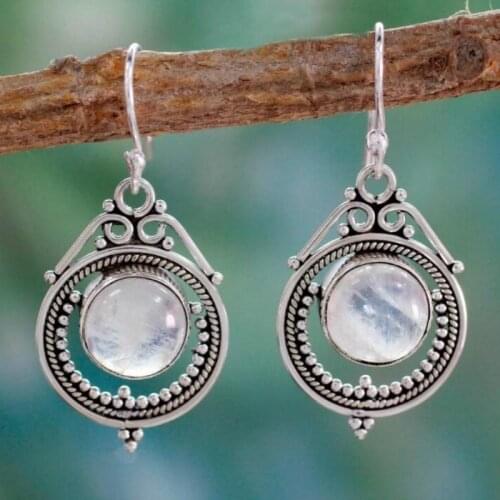 2021 Vintage Imitation Moonstone Brincos Dangle Silver Color Earrings For Women Wedding Jewelry Boho Statement Earring