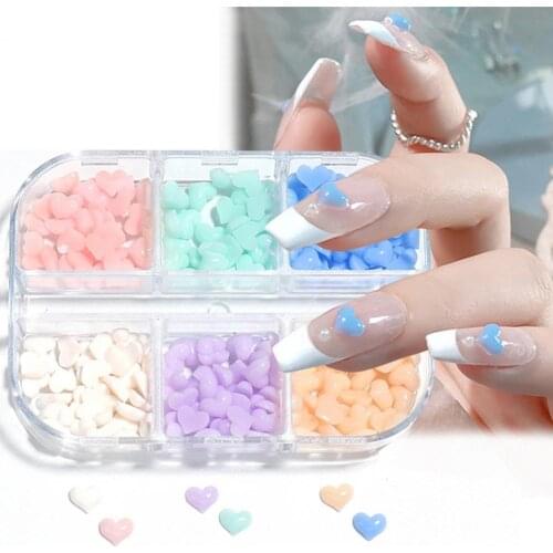 6 Grids/Box White Heart Nail Art Decorations Flat Back 3D Effect Resin Nails Art Decorations Holographic Manicure Accessories