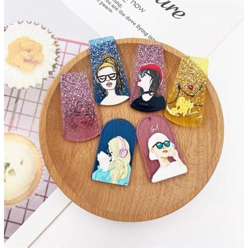 Summer style 30pcs/lot cartoon girls pattern print geometry irregular Arched trapezoid shape acrylic beads diy jewelry accessory