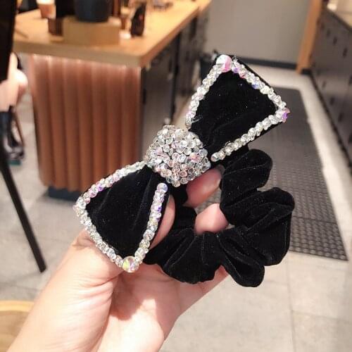 Retro Velvet Bow Scrumchies Elastic Hair Bands for Women Flash Rhinestone Hairbands Luxury Jewelry Hair Accessories Headpiece