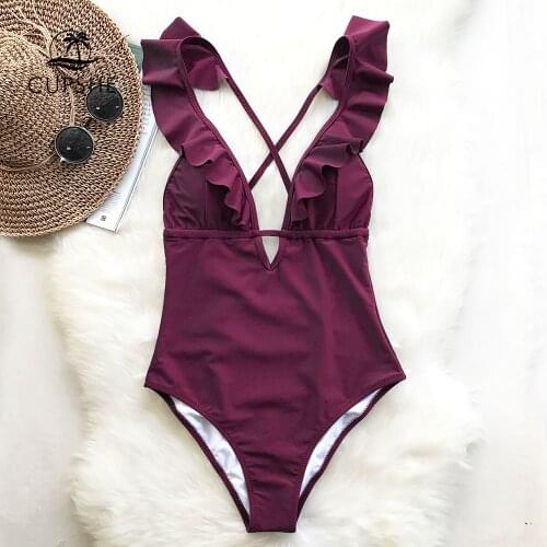CUPSHE Burgundy Heart Attack Falbala One-piece Swimsuit Women Ruffle V-neck Monokini 2020 New Girls Beach Bathing Suit Swimwear